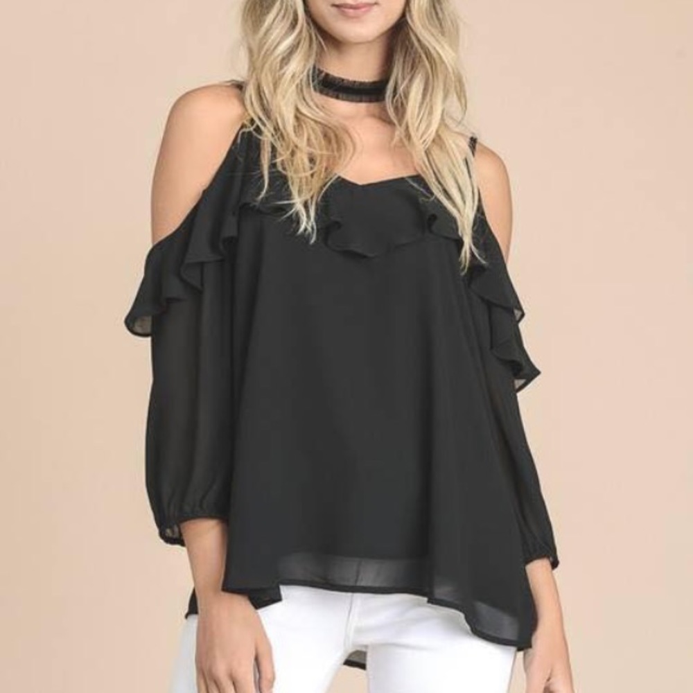 Black cold shoulder ruffle blouse